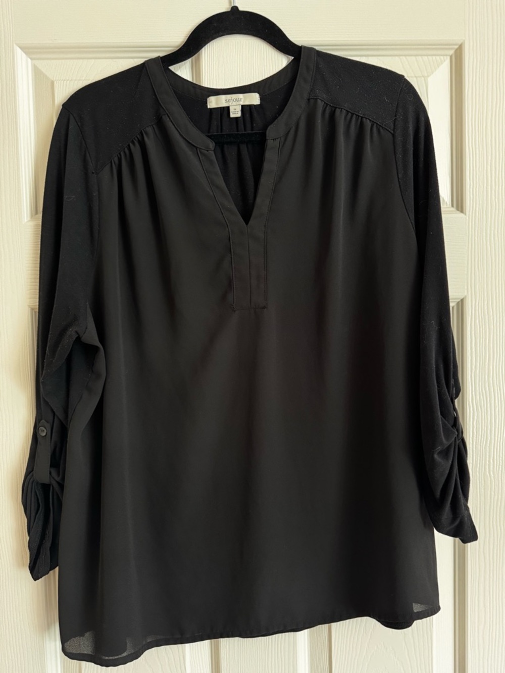 Sejour Black Split-Neck Roll-Tab Blouse